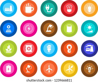 Round color solid flat icon set - hot cup vector, bulb, factory, fire, oil barrel, brightness, charge, desk lamp, sun panel, power plug, energy saving, windmill, battery, idea