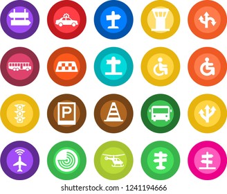 Round color solid flat icon set - airport tower vector, plane radar, taxi, bus, parking, signpost, alarm car, border cone, helicopter, disabled, route, traffic light, guidepost
