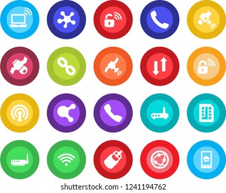 Round color solid flat icon set - wireless notebook vector, satellite, network, share, chain, rca, call, sim, data exchange, lock, router, home control app