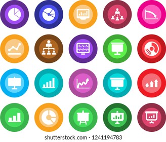 Round color solid flat icon set - hierarchy vector, presentation board, circle chart, monitor pulse, statistics, bar graph, pie, point, arrow up, growth, crisis