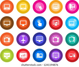 Round color solid flat icon set - plane radar vector, wireless notebook, statistic monitor, pulse, tv, touch screen, laptop pc, statistics, intercome