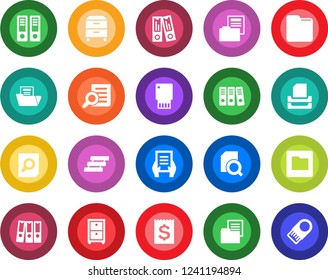 Round color solid flat icon set - office binder vector, document search, receipt, folder, paper, tray, archive box, usb flash