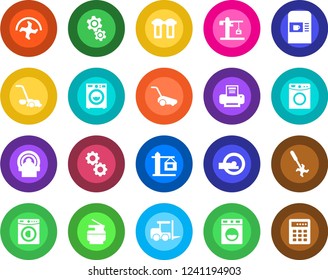Round color solid flat icon set - coffee machine vector, fork loader, ripper, lawn mower, tomography, printer, copier, washer, crane, gear, water filter, combination lock