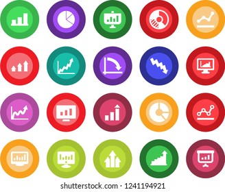 Round color solid flat icon set - growth statistic vector, crisis graph, monitor, circle chart, statistics, bar, pie, point, arrow up, presentation