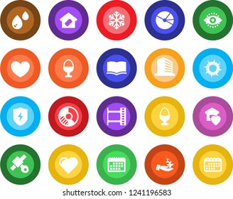 Round color solid flat icon set - office building vector, book, circle chart, sun, heart, satellite, film frame, protect, eye id, calendar, pie graph, sweet home, smart, egg stand, snowflake, water