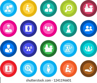 Round color solid flat icon set - male vector, female, pedestal, manager place, doctor, pregnancy, client, speaker, group, hr, meeting, search, money, man with notebook, palm sproute