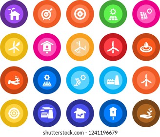 Round color solid flat icon set - factory vector, bird house, target, sun panel, windmill, eco, water, palm sproute