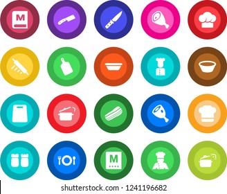 Round color solid flat icon set - cook vector, cafe, hat, menu, bacon, salt and pepper, ham, bowl, rolling pin, cutting board, knife, steaming pan