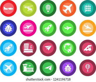 Round color solid flat icon set - plane vector, departure, arrival, ladder car, helicopter, seat map, globe, airport building, lady bug, rocket, paper, air balloon