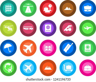 Round color solid flat icon set - plane vector, runway, suitcase, baggage trolley, airport bus, umbrella, passport, ladder car, helicopter, seat map, luggage storage, scales, globe, mountains, case