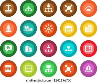 Round color solid flat icon set - hierarchy vector, well, molecule, hospital, office building, garage, plan, home message