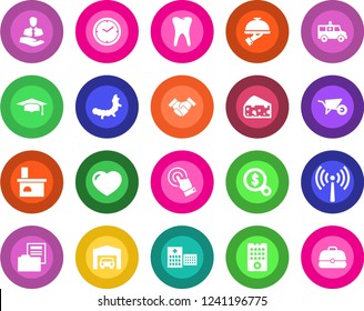 Round color solid flat icon set - antenna vector, graduate, wheelbarrow, fireplace, caterpillar, ambulance car, tooth, hospital, client, touch screen, heart, clock, document folder, handshake, case