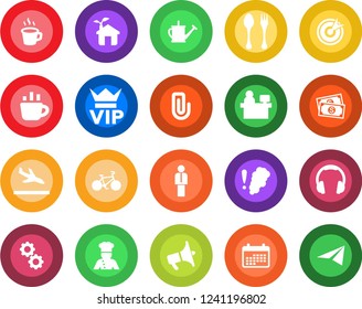 Round color solid flat icon set - arrival vector, spoon and fork, vip, manager, coffee, place, watering can, bike, cash, loudspeaker, headphones, paper clip, cook, eco house, gear, smoke detector