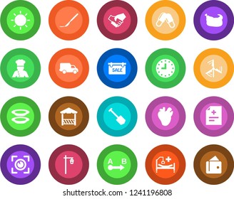 Round color solid flat icon set - job vector, sun, garden light, diagnosis, pills, scalpel, hospital bed, real heart, car delivery, clock, route, windmill, sale, cook, plates, alcove, chicken