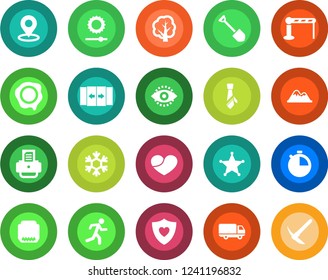 Round color solid flat icon set - barrier vector, automatic door, job, stamp, printer, tree, run, heart shield, car delivery, hdmi, stopwatch, brightness, place tag, eye id, tie, mountains, police