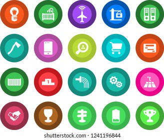 Round color solid flat icon set - plane radar vector, office binder, bulb, watering, axe, signpost, cargo container, fragile, cell phone, low battery, client search, children room, crane, warm floor