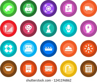 Round color solid flat icon set - hierarchy vector, pedestal, brainstorm, printer, glove, seedling, diagnosis, patch, railroad, car delivery, microphone, cellular signal, mailbox, fruit tree, bowl