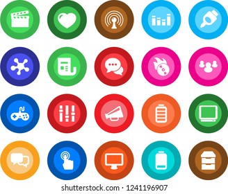Round color solid flat icon set - clapboard vector, flame disk, antenna, news, loudspeaker, gamepad, settings, equalizer, tv, touch screen, dialog, monitor, share, group, heart, battery, low, hdmi