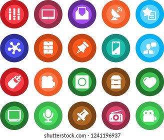 Round color solid flat icon set - satellite antenna vector, archive chest, radio, settings, tv, video camera, microphone, cell phone, speaker, share, favorites list, heart, paper pin, mail, rca