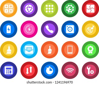 Round color solid flat icon set - mobile vector, call, menu, camera, themes, calculator, stopwatch, mail, network, data exchange, wireless, music, charge, application, sertificate, root setup