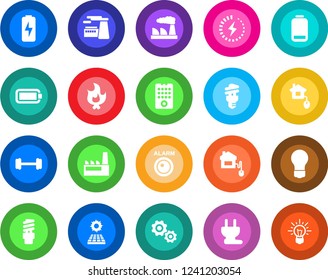 Round color solid flat icon set - bulb vector, factory, fire, barbell, low battery, charge, sun panel, home control, power plug, remote, energy saving, alarm led, gear, idea