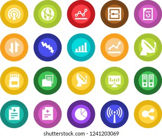 Round color solid flat icon set - antenna vector, satellite, office binder, crisis graph, statistic monitor, document reload, diagnosis, folder, network, scanner, sd, data exchange, bar, pie, point