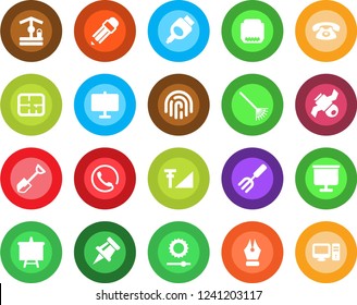 Round color solid flat icon set - presentation board vector, garden fork, shovel, rake, well, satellite, hdmi, brightness, fingerprint id, cellular signal, drawing pin, ink pen, pencil, plan, phone