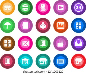 Round color solid flat icon set - 24 around vector, shop, checkroom, store, container, umbrella, package, mail, fast forward, scanner, copybook, document folder, book, open close, door, storefront