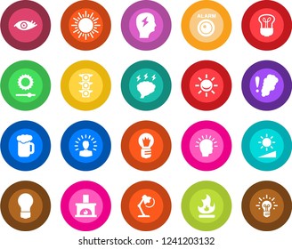 Round color solid flat icon set - sun vector, brainstorm, bulb, fire, eye, traffic light, brightness, desk lamp, fireplace, beer, smoke detector, alarm led, shining head, idea