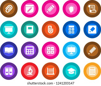 Round color solid flat icon set - book vector, calculator, graduate, presentation board, pencil, contract, microscope, notes, copybook, paper clip, abacus, shining head