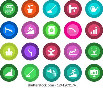 Round color solid flat icon set - growth statistic vector, seedling, watering can, hoe, sickle, fertilizer, drip irrigation, career ladder, arrow up graph, crisis, presentation