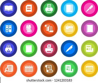 Round color solid flat icon set - contract vector, book, document search, pen, notepad, calendar, printer, news, copybook