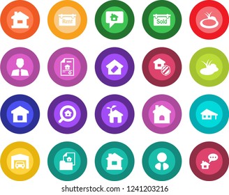 Round color solid flat icon set - house vector, pond, with garage, estate document, rent, sold signboard, search, agent, smart home, insurance, eco, message