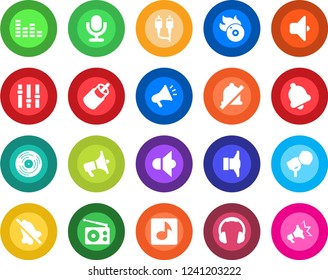 Round color solid flat icon set - vinyl vector, flame disk, microphone, radio, speaker, loudspeaker, settings, equalizer, headphones, rca, bell, mute, music, sound, advertising