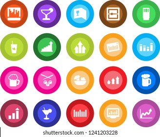 Round color solid flat icon set - growth statistic vector, barcode, equalizer, scanner, monitor statistics, wine card, drink, cocktail, phyto bar, beer, salad, sushi, arrow up graph
