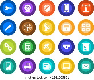 Round color solid flat icon set - trash bin vector, mobile phone, pen, shield, satellite antenna, news, cell, laptop pc, chain, lock, application, calculator, printer, key, web camera, mail