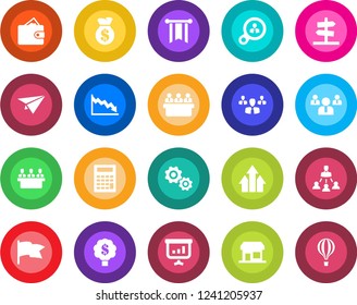 Round color solid flat icon set - team vector, meeting, hierarchy, consumer search, group, arrow up graph, gear, wallet, money bag, pennon, crisis, flag, calculator, paper plane, presentation, tree