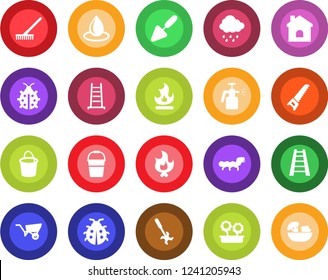 Round color solid flat icon set - trowel vector, rake, ladder, wheelbarrow, bucket, saw, lady bug, fire, house, water drop, rain, caterpillar, garden sprayer, ripper, flower in pot, salad