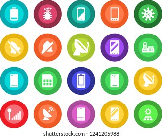 Round color solid flat icon set - satellite antenna vector, mobile phone, virus, cell, low battery, back, sim, mute, cellular signal, office, sun panel