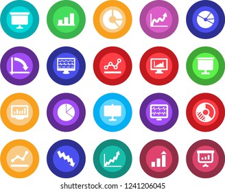 Round color solid flat icon set - growth statistic vector, presentation board, crisis graph, circle chart, monitor pulse, statistics, bar, pie, point
