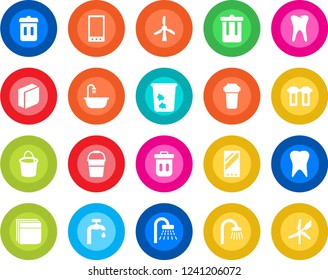Round color solid flat icon set - trash bin vector, shower, bucket, tooth, mobile, blank box, water supply, bathroom, filter, windmill