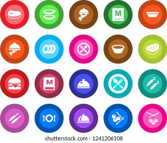 Round color solid flat icon set - spoon and fork vector, dish, cafe, menu, plates, waiter, steak, kebab, hamburger, bowl, sushi