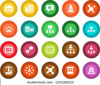 Round color solid flat icon set - hierarchy vector, well, molecule, hospital, office building, garage, plan, home message