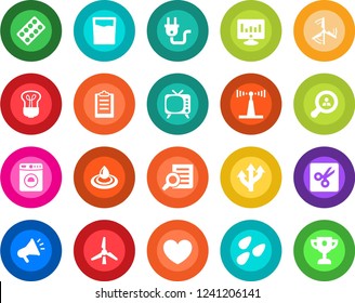 Round color solid flat icon set - washer vector, document search, statistic monitor, seeds, heart, pills blister, route, antenna, tv, cut, clipboard, windmill, client, drink, power plug, water, bulb