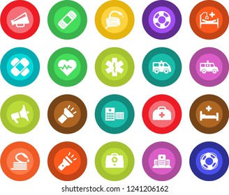 Round color solid flat icon set - hose vector, heart pulse, doctor case, patch, ambulance star, car, hospital bed, loudspeaker, torch, crisis management