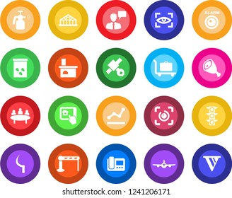 Round color solid flat icon set - baggage trolley vector, barrier, plane, speaking man, meeting, sickle, fireplace, greenhouse, seeds, garden sprayer, satellite, traffic light, eye id, point graph