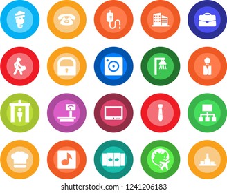 Round color solid flat icon set - security gate vector, automatic door, plane globe, dropper, heavy scales, tv, mobile camera, lock, music, case, tie, manager, office building, phone, waiter
