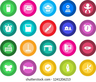 Round color solid flat icon set - baby vector, bed, desk, rake, butterfly, garden knife, eye, shield, alarm, manager, house with tree, sun panel, sale, children room, drink, dress code, intercome