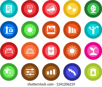 Round color solid flat icon set - dispatcher vector, sun, crisis graph, sproute, greenhouse, broken bone, sorting, loudspeaker, favorites list, tuning, scanner, contract, fruit tree, crane, vip zone