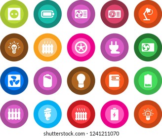 Round color solid flat icon set - bulb vector, low battery, desk lamp, heater, air conditioner, socket, power plug, fan, water, radiator, energy saving, idea